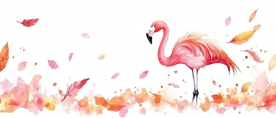 Cute Watercolor Flamingo with Feather Frame and Border in Soft Pastel Colors