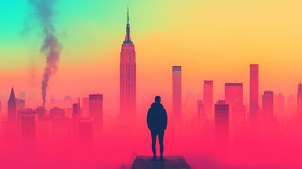 Fototapeta premium A silhouetted figure stands against a vibrant cityscape, dominated by a tall tower, bathed in warm, hazy light, suggesting urban life, environmental awareness, and individual contemplation.