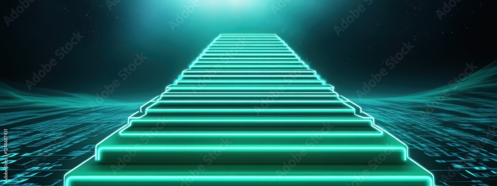 Poster a glowing binary code ladder with steps glowing in neon green and blue, leading towards a digital po