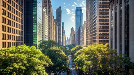 Fototapeta premium An aerial view of a business district featuring corporate office towers, tree-lined streets, and a clear blue sky.