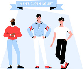 Men Clothing Collection Featuring Three Male Models In Flat Vector Illustration Symbolizing Fashion, Style, And Outfit Trends, Isolated On White Background