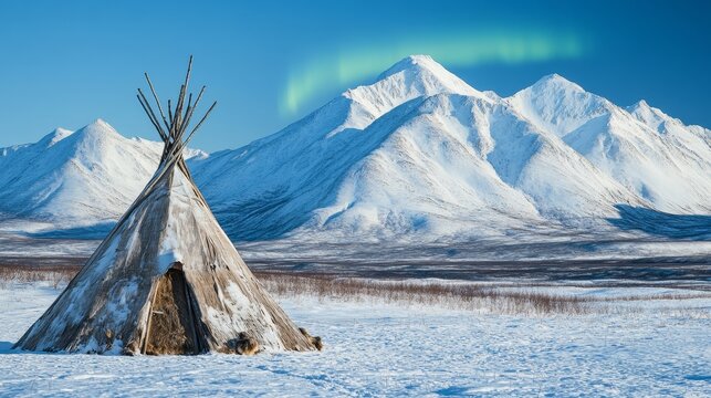 Large Inuit tepee made of wood and animal skins against snowy mountains - A stunning landscape showcasing a large Inuit tepee surrounded by snow-covered mountains and a mesmerizing aurora borealis ill