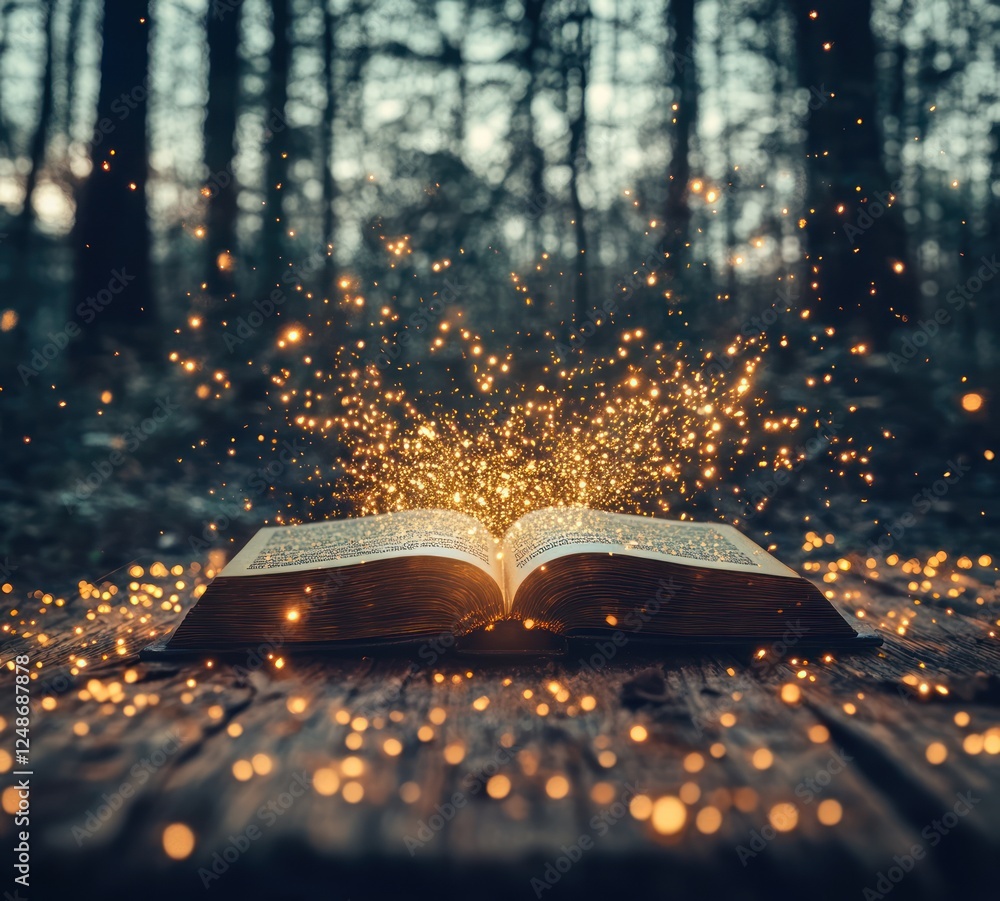 Poster enchanted open book with glowing sparks in mystical forest setting
