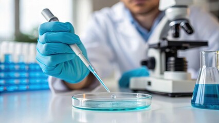 In a medium closeup the batch operator holds a pipette above a petri dish preparing to conduct a quality control test amidst a backdrop of laboratory equipment showcasing their