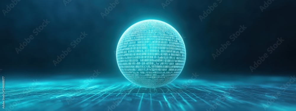 Poster a glowing globe entirely made of binary code (0s and 1s), glowing in cool cyan, symbolizing the digi