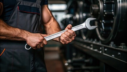 In a medium closeup the technicians hands are prominently featured muscles tense and s visible as they grip the wrench tightly with steel machinery reflecting in the polished