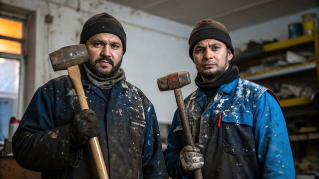 In a medium closeup the workers attire is splattered with traces of their labor underscoring a life devoted to workmanship while their grip on the mallet signifies readiness to