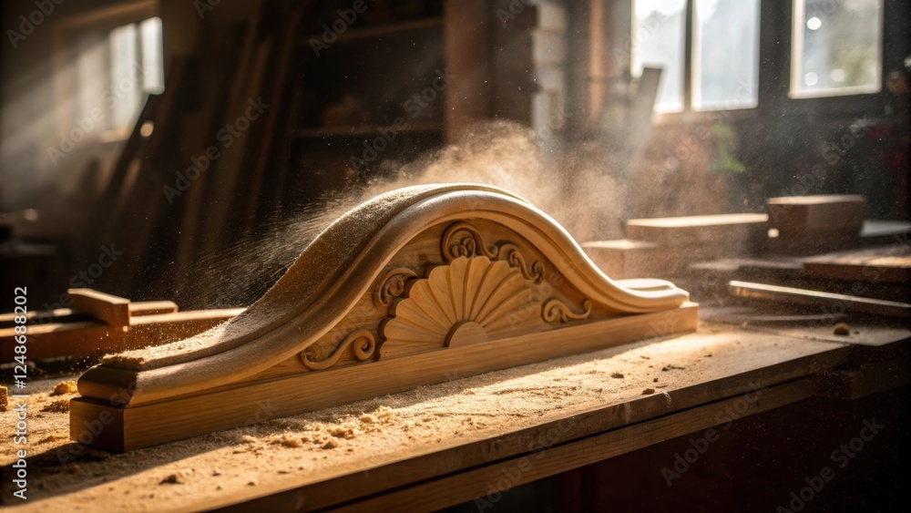 Poster Light filters through the workspace illuminating dust motes in the air as they settle over the finely crafted curve made by the chisel emphasizing the artistry involved in shaping