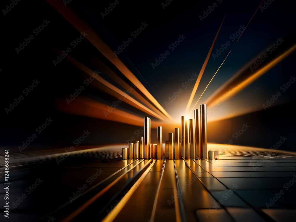 Poster gleaming golden bars rise on a tiled surface, bathed in radiant light streaks against a dark, abstra