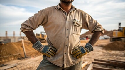 Leaning slightly forward the handlers hands rest on their hips as they scan the horizon of the construction site. The wear of their gloves and the texture of their work shirts are