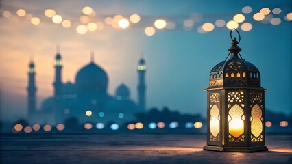 Illuminated Ramadan lantern with a mosque silhouette and festive bokeh lights.