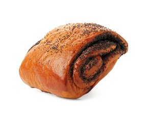 One tasty bun with poppy seeds in air isolated on white
