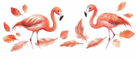 Cute Watercolor Flamingos Surrounded by Soft Feathers in a Decorative Frame Design