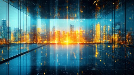 Modern Glass Building Interior Night Cityscape With Warm City Lights