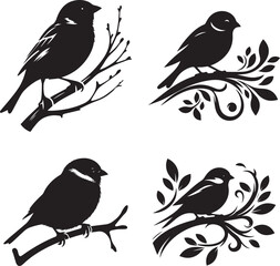 Sparrow silhouette illustration of four sets of birds perched on a tree branch in nature.