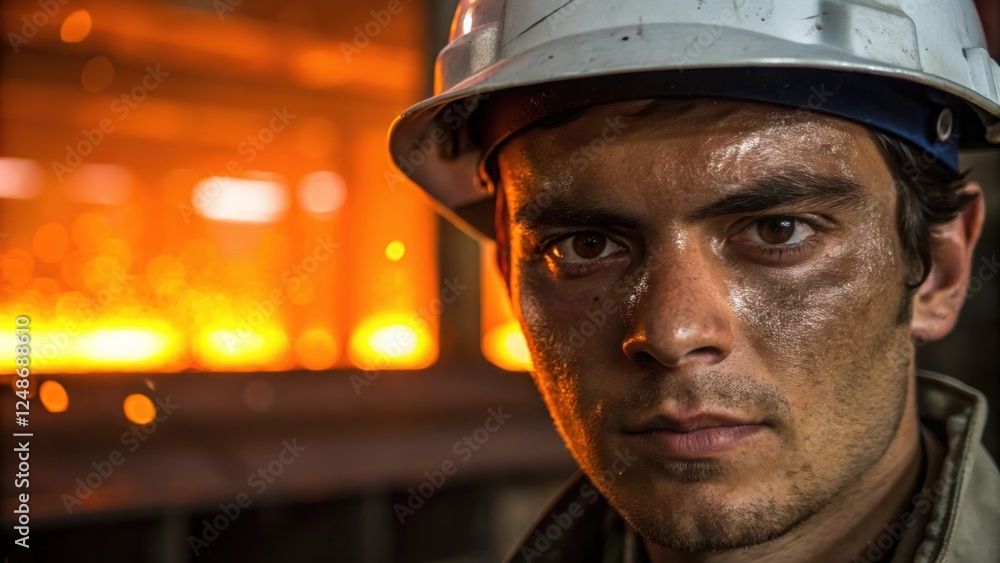 Poster medium closeup of a workers face showing intense concentration and determination sweat glistening on