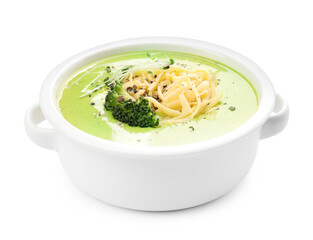 Delicious broccoli cream soup in bowl isolated on white