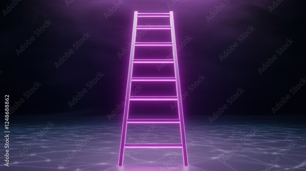 Poster a glowing ladder constructed entirely from binary code (0s and 1s), highlighted in vibrant neon purp