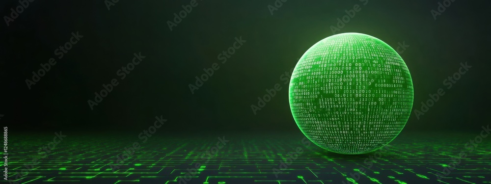 Poster a glowing globe made up of binary code (0s and 1s), illuminated in an electric green hue