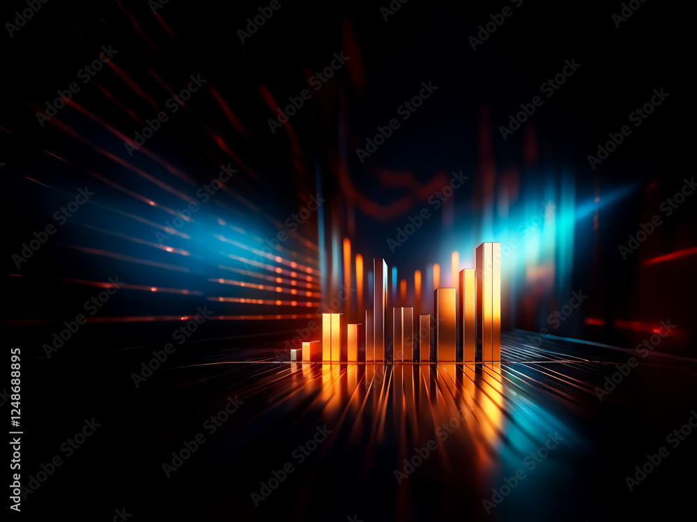 Poster Abstract image of vibrant glowing bars in blue and orange hues rising against a dark backdrop. Streaks of light create dynamic reflections, adding depth and dimension.