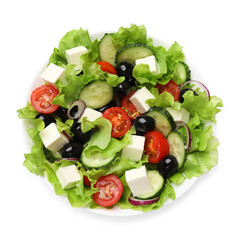 Delicious fresh Greek salad isolated on white, top view