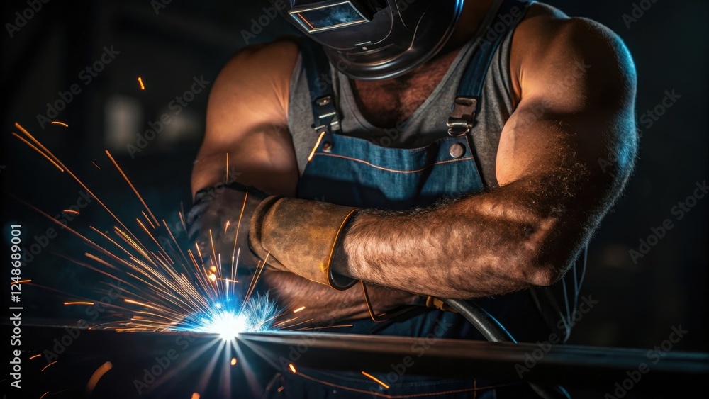 Poster medium closeup of the welders arms muscles tensed as they hold the welding torch steady. the intrica