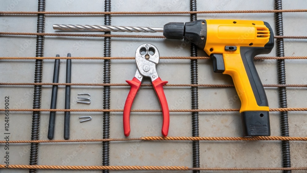 Poster Medium closeup of the tools laid out odically beside the installer including wire ters and tie guns with a focus on the precision needed in the rebar installation process.