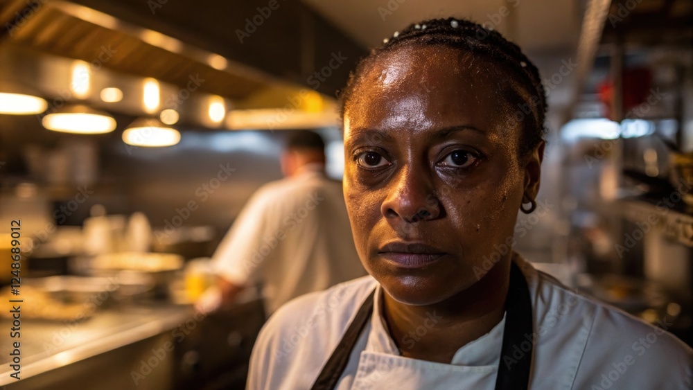 Poster medium closeup of the line cooks face beads of sweat glistening on their forehead under warm kitchen
