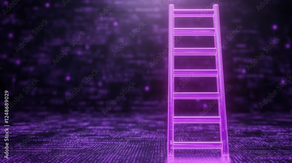 Poster a glowing ladder constructed entirely from binary code (0s and 1s), highlighted in vibrant neon purp