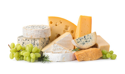 Different types of cheese, grapes and rosemary isolated on white