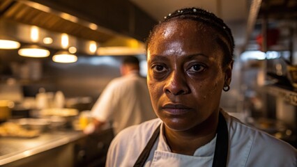 Medium closeup of the line cooks face beads of sweat glistening on their forehead under warm kitchen lights highlighting their intense concentration as they manage multiple tasks.