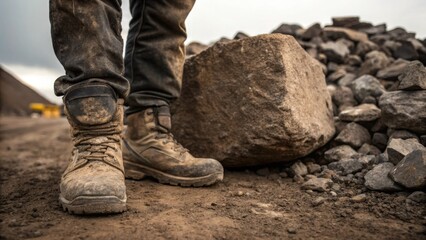 Medium closeup of the workers boots caked with dirt and stone debris positioned beside a massive boulder. The image conveys the scale of excavation with the pile of stones towering