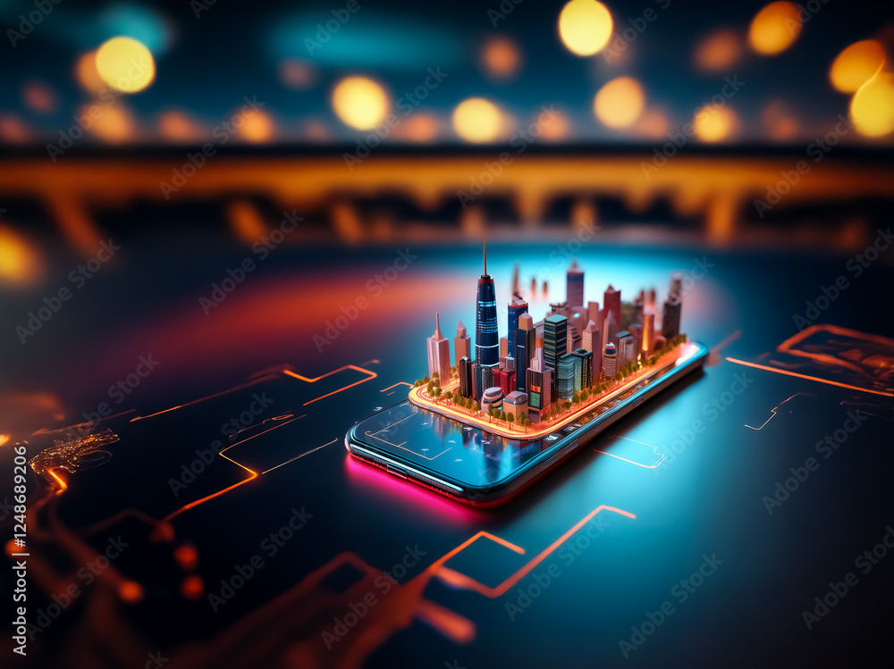 Fototapete a tiny city skyline model rests on a smartphone screen, illuminated by vibrant bokeh lights against 