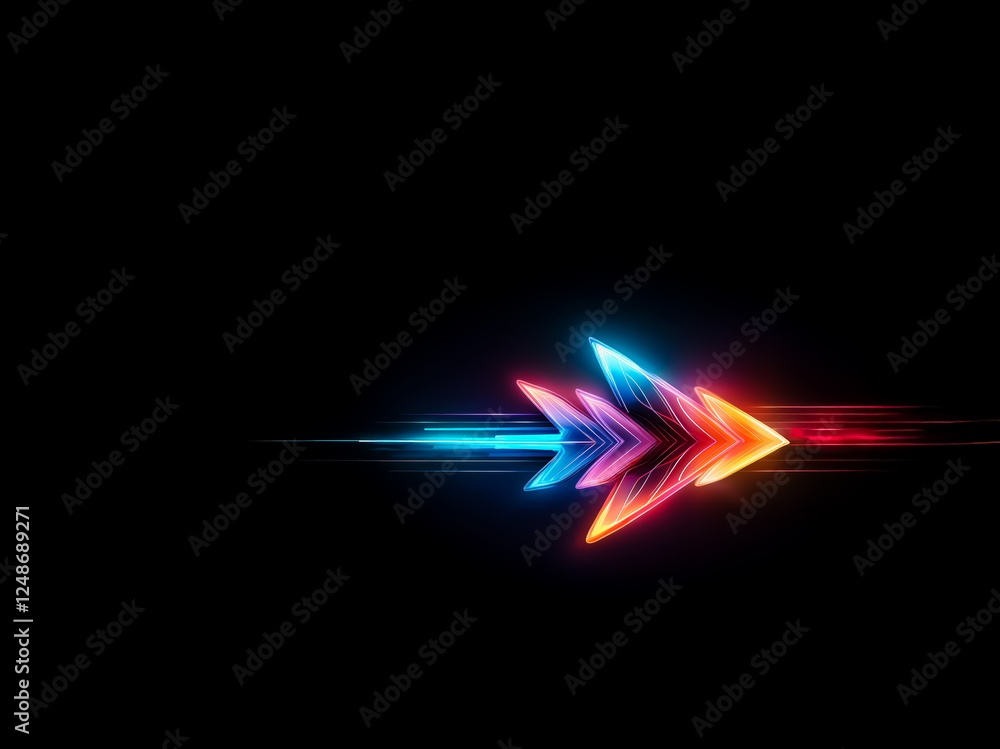 Poster A glowing arrow streaks across a dark backdrop, illuminated in vibrant neon colors of blue, orange, and red, creating a sense of speed and forward motion with a blurred trail.