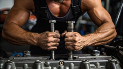 Medium closeup of the worker tightening bolts on a mechanical assembly. Their muscular forearms and scars tell a story of resilience showcasing the physical demands of the job