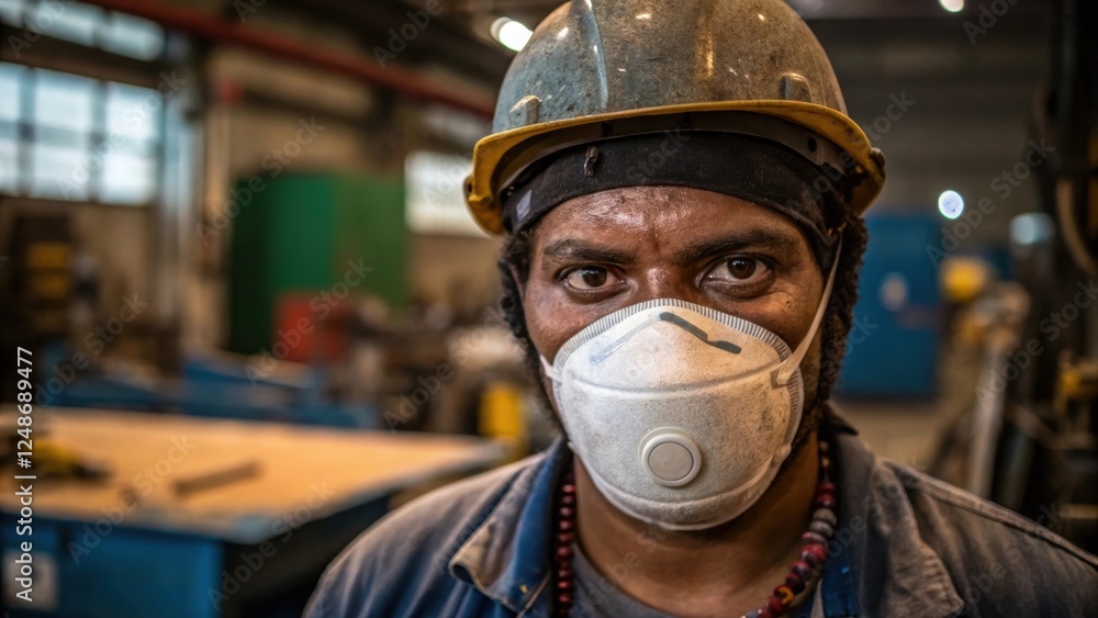 Poster Sweat and Determination Beads of sweat form on the brow of the worker their mask slightly blurred but the intensity in their eyes sharp and clear perfectly encapsulating the