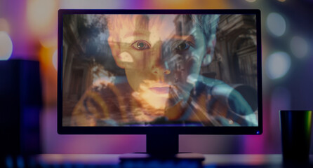 Fototapeta premium Young gamer plays a shooter computer game, his focused face is reflected in the monitor