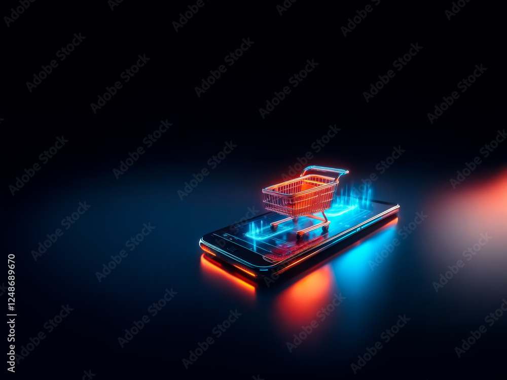 Poster neon shopping cart hologram projected from a smartphone screen, illuminated with vibrant red and blu