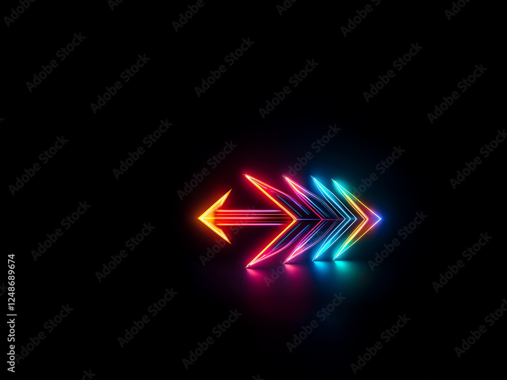 Poster a vibrant neon arrow, illuminated with rainbow colors, points left on a stark black background. its 