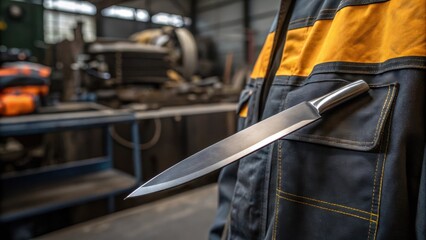  the blades sleek surface creates a dynamic visual contrast with the engineers textured workwear.