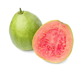 Fresh whole and cut guava fruits isolated on white