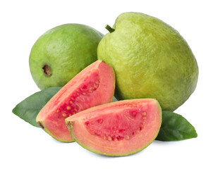 Fresh whole and cut guava fruits isolated on white