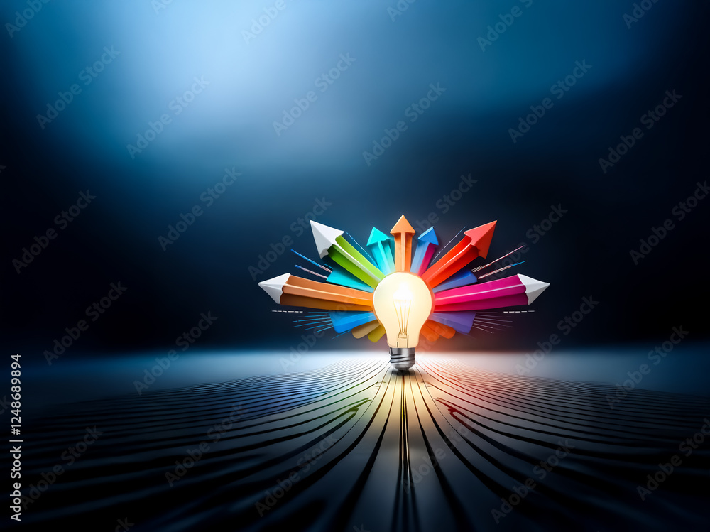 Aufkleber illuminated lightbulb radiates bright idea, surrounded by colorful arrows pointing outwards on a dar