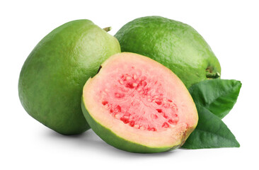 Fresh whole and cut guava fruits isolated on white