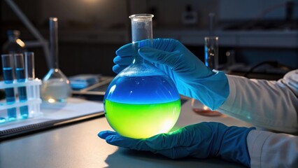 The chemists gloved hands delicately cradle a rounded flask showcasing a brilliant gradient of deep blue and bright green solutions that shimmer under the laboratory lights hinting