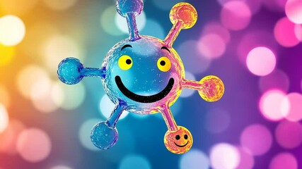 Molecular smiley face glowing, spinning with vibrant energy, rotating over blurred colorful backdrop, radiating scientific creativity and digital innovation - Powered by Adobe