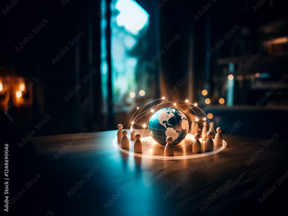 Poster illuminated globe encircled by wooden figures on a wooden table, creating a network visualization in