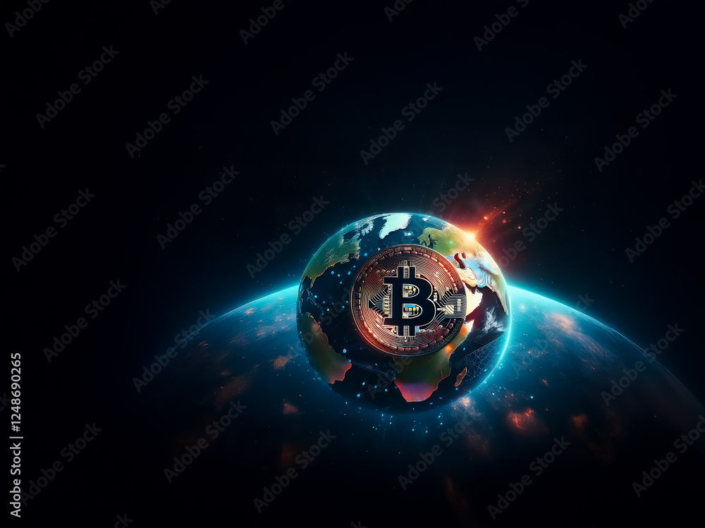 Poster a digital bitcoin symbol is positioned centrally on a glowing globe, against a dark space backdrop, 
