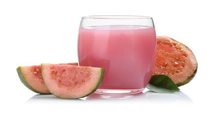 Tasty guava juice in glass and fresh fruits isolated on white