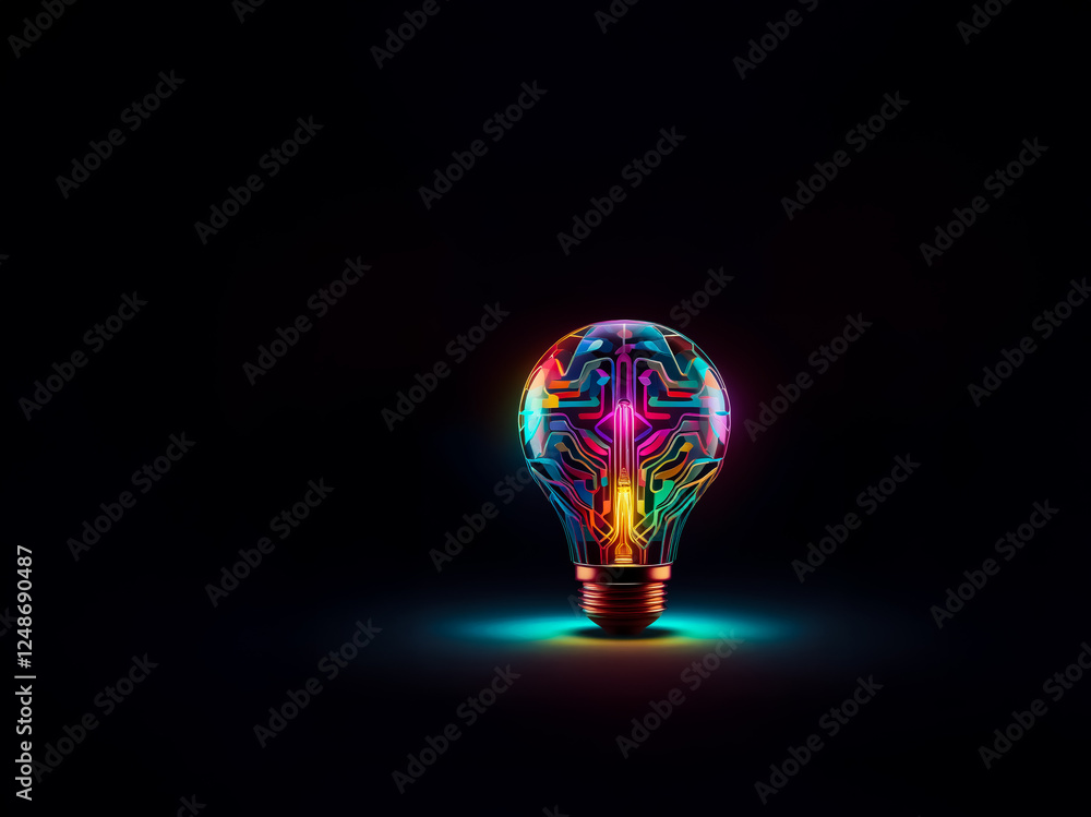 Poster a vibrant light bulb with circuit patterns glows in the dark, illuminating the area with bright neon